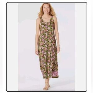 J. Jill Beechnut Floral Sleeveless Jersey‎ Knit Maxi Dress Size S Green Pink